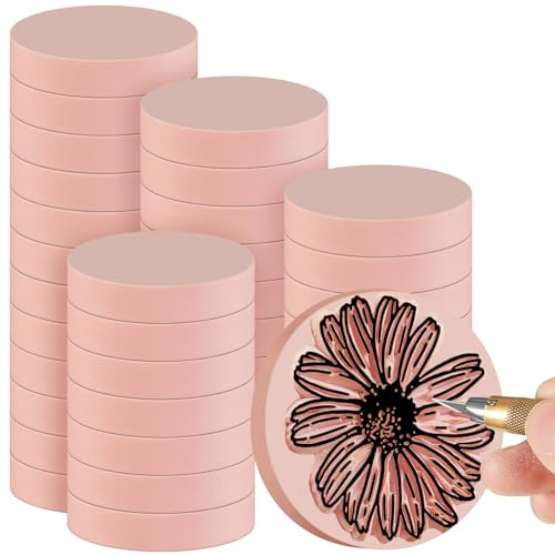 Frienda 48 Pcs 2 x 2 Pink Rubber Carving Blocks Round Linoleum Blocks for Printmaking, Stamp Making, DIY Crafting, Scrapbook, Painting, Soft and Easy to Carve