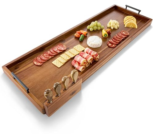 TIDITA Acacia 36 Inch Large Charcuterie Boards for Party with Cheese Knife Set of 4 – Acacia Wood Serving Tray with Handles, Long Charcuterie Board, Wooden Cheese Board
