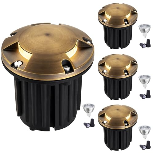 LumStory 4-Pack Brass Well Lights Landscape LED Low Voltage Landscape Lighting 12V Outdoor In Ground Lights for Deck and Garden, Pathway, Driveway, with MR16 Bulb Warm White (Three-Direction Turret)