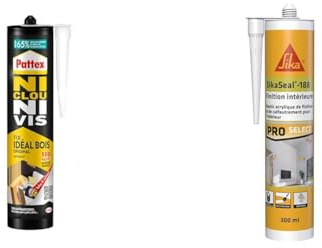 Pattex Ni Clou Ni Vis Fix Idéal Bois (cartouche de 380 g) – Colle de fixation à main & Sika - SikaSeal-188 Finition intérieur, Blanc, Mastic acrylique pour joints de finitions, plinthes, calfeutrement