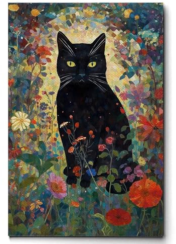 SGFGAD FHYWQ Gustav Klimt Katze Poster Und Drucke Schwarze Katze Mit Blumen Wandkunst Gustav Klimt Leinwand Gemälde Gustav Klimt Bild Für Wohnkultur 50x70cm Kein Rahmen