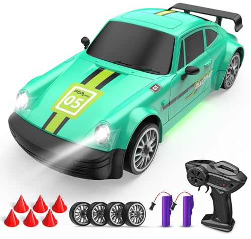 Voiture télécommandée 2,4 GHz, échelle 1:20, 4WD 20 km/h, haute vitesse avec lumières LED, pneu dérivant, 2 batteries rechargeables, pour adultes, garçons et filles (vert)