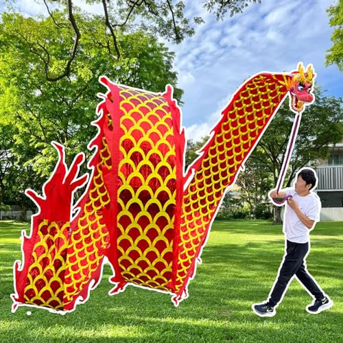 EXCLURA Jongliertücher Chinesisches Drachenpoi, Fließendes Drachenband, Seidenartiger Drachenpoi-Streamer mit Schuppen, Schleuderdrachen-Tanzspiele für Park/Camping(Red,6m (20ft))