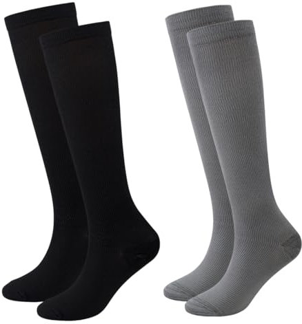 WMUVAZA Stützstrümpfe, 2 paar Kompressionsstrümpfe, Kompressionsstrümpfe aus Bio-Baumwolle, Sport Kompressionssocken, für Damen Herren, für Laufen Reise Flug, grau, schwarz, L-XL