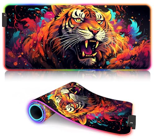HEYCE Mauspad Fiery Tigers ROG XXL Mauspad Schreibtischunterlage LED Mauspad in erweiterter Größe (90x40x0,3) cm mit genähten Kanten, lange, rutschfeste Gummiunterseite