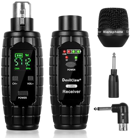 Devilclaw Sistema de micrófono inalámbrico UHF, transmisor y receptor XLR adaptador para micrófonos dinámicos, guitarra, mezclador, sistema PA, 16 frecuencias ajustables, carga USB, rango de 250 pies