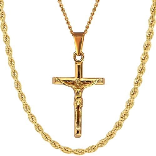 DVRK® Pack 2 Collares Hombre Oro 18k con Base Acero Inoxidable 316L - Conjunto Cadena Oro Hombre Cordón y Collar Colgante Crucifijo Resistentes al Agua - Cruz, Regalos