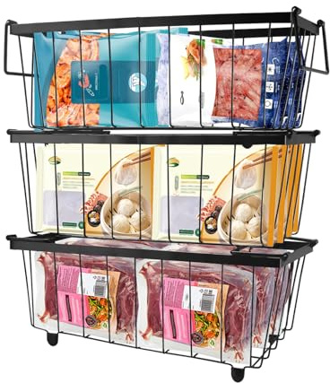 3 Pièces Panier Congelateur Coffre, Empilable Grand Panier de Rangement pour Frigo Congelateur, Rangement Congelateur Coffre pour 5-7 Cu.FT Congelateur Trier les Produits Congelés 37,2×18,8×14cm