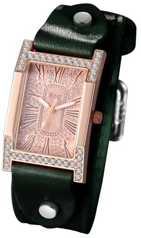 JewelryWe Damenuhr Rechteckig Leder Uhr: Steampunk Vintage Analog Quarz Armbanduhr Damen Grün PU Lederarmband Zirkonia Diamant Uhr mit römischen Ziffern Eckigem Zifferblatt
