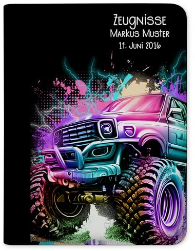 CreaDesign, Kinder Zeugnismappe mit Namen personalisiert, Motiv Auto Motorcross ohne Klarsichthüllen, A4, 24 x 31 x 1 cm, Rücken schwarz