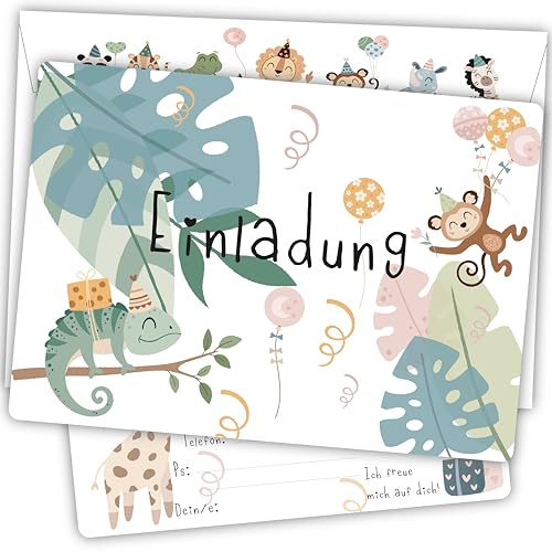 Damalia | 12 Einladungskarten inkl. 12 passender Umschläge | Kindergeburtstag | Mädchen | Junge | Dschungel | Tiere | Kinderparty | DIN A6 | Einladung | Geburtstag | klein und groß | Dschungel002