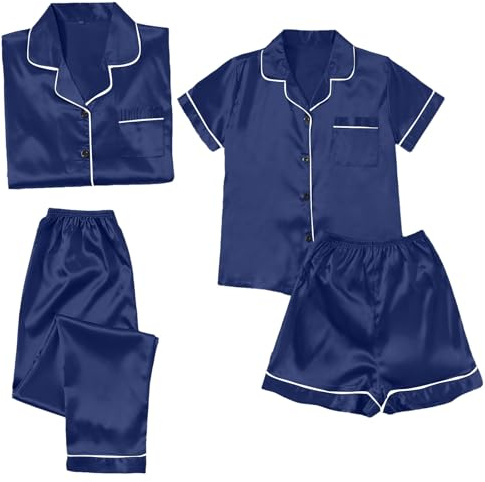 Pijama largo de seda para mujer, juego de 4 piezas, ropa de dormir elegante, pijama de seda con botones, ropa de dormir monocolor, cómoda camiseta informal, azul oscuro, M