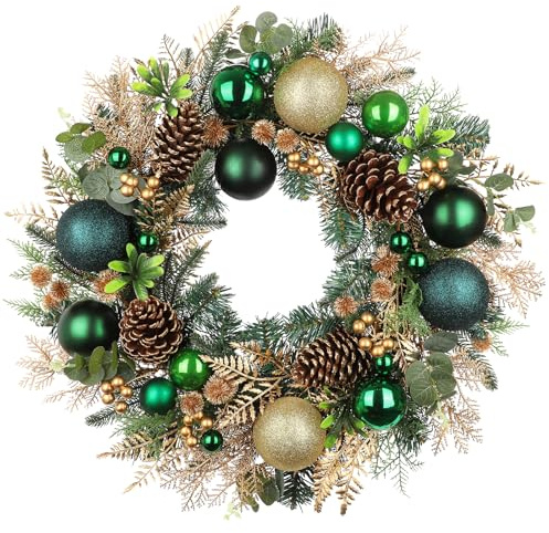 24 Christmas Wreath for Front Door Artificial Christmas Wreaths with Green Ball Ornaments Berries Pine Cones Norfolk Pine Needles Cedar Decor for Home Porch Wall Window Indoor Outdoor Xmas Decoration