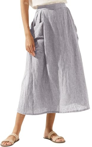 MISSACTIVER Plaid Skirts for Women Elastic Waist Midi Skirt with Pockets Vintage Flowy Gingham Long Skirt Grey