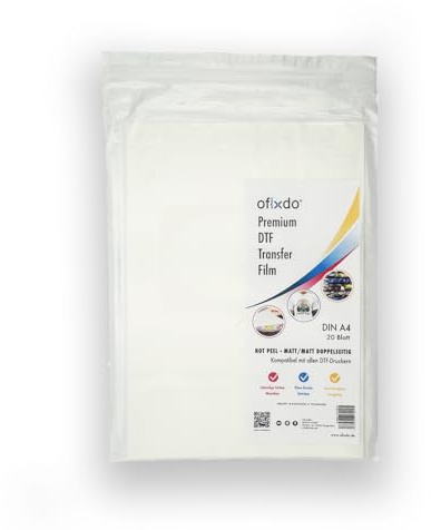 OFIXDO Premium DTF Transferfolie – DIN A4 – 20 Blatt – Doppelseitig Matt/Matt – Hot Peel – für DTF Drucker
