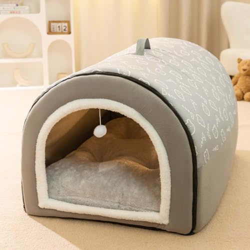 Hundebett 2-in-1, große Hundehütte, Faltbare, beruhigende Hundehütte mit weichem, warmem Kissen gegen Angstzustände, abnehmbares, waschbares Haustier-Iglubett für Hunde und Katzen,