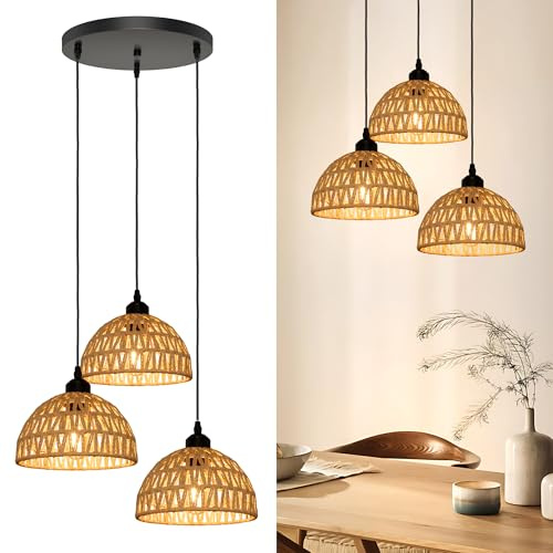 Aulaiyi Rattan Pendelleuchte Esstisch 3 Flammig, Boho Hängelampe Rattan mit E27 Fassung, Ø21cm x 3 Handgewebter Lampenschirm, Vintage Hängeleuchte für Schlafzimmer Wohnzimmer Küche