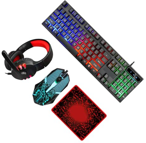 UKCOCO Clavier et Souris de Jeu Filaires Modèle 300 Casque et Tapis Noir | USB 2.0, Prise 3,5 Mm, 104 Touches et 4 Boutons, Abs, Design Ergonomique, Installation Facile