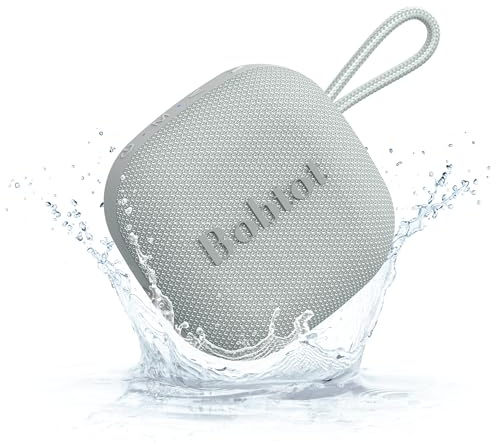 Bobtot Tragbarer Bluetooth Lautsprecher, IPX7 Wasserdicht, Kleiner Kabelloser Duschlautsprecher, 16 Stunden Akkulaufzeit, Sattem Bass, TWS, Integriertem Mikrofon und Trageschlaufe, Grau