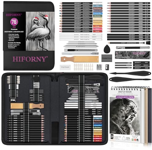 HIFORNY Set per schizzi, 76 pezzi, matite per schizzi, materiale plastico con grafite, carbone, strumenti e accessori per miscelazione, custodia portatile con cerniera