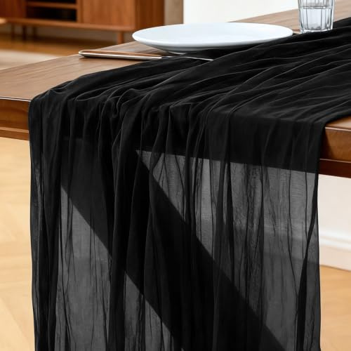 Käsetuch Tischläufer Schwarz, 300 x 90 cm Boho Gaze Tischläufer Cheesecloth Läufer für Hochzeit, Geburtstagsfeiern, Babypartys, Weihnachten und Silvester von Tisch Dekoration