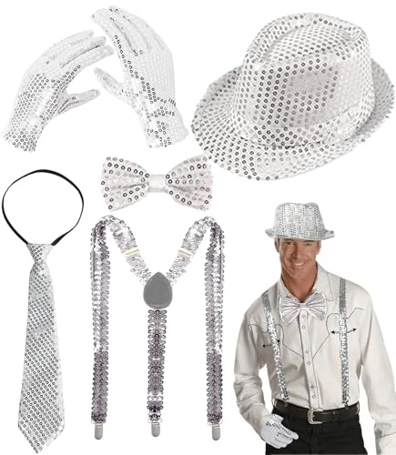 TAKONE Glitteroutfit herr 5 delar – med paljetter hängslen, fluga, slips, handskar och hatt – för karneval kostym herr disco party