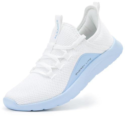 ALEADER Tennis Walking Shoes Womens Slip on Sneakers for Running Travel Jogging Travel-Friendly Lightweight Comfortable White/Sky Blue Size 9 US