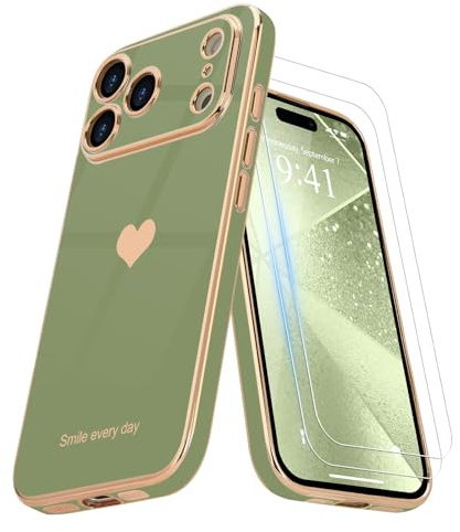 Teageo Mobilskal, kompatibelt med iPhone 17 Pro Max, med 2 skyddsfilmer, för flickor, stylingskal med hjärta, skyddsfodral av galvaniserad, mjuk TPU, med kameraskydd, reptåligt telefonfodral