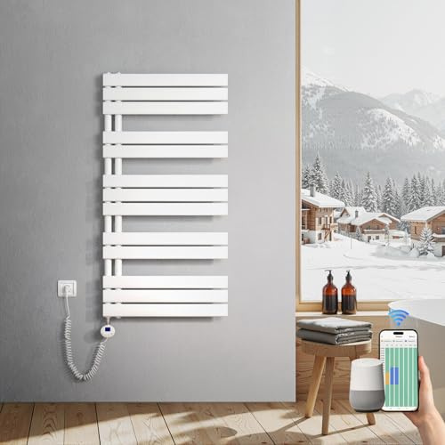Heilmetz Badheizkörper Elektrisch 1176 x 600mm Weiß mit WIFI Smart Heizstab 600W, Flach Handtuchwärmer Elektrischer Handtuchheizkörper mit Smartes Heizelement für Handtuchtrockner APP-Steuerung
