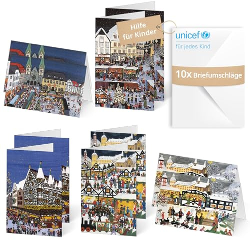Unicef Weihnachtskarten Weihnachten in der Stadt | 10 Karten & Umschläge | Helfen Sie Kindern in Not: FSC-Papier, 10 Karten mit Umschlägen (17,5 x 11,7 cm) – Weihnachtskarten mit Stadtmotiv