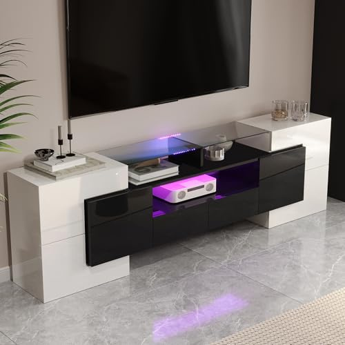 NuvlaGu Meuble TV bas moderne de 200 cm de large, blanc brillant et gris, avec éclairage LED RVB, 6 portes et 2 tiroirs, armoire multimédia de salon (blanc + noir + MDF)