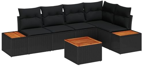 Tonture Garten-Sofa-Set mit Kissen, 6-teilig, Schwarz, Poly Rattan, Modulares Loungeset für Außenbereich, Terrasse, Balkon, UV-beständig, Pulverbeschichteter Stahlrahmen