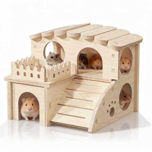 LIULINY LUMINY Maison Hamster, Maison Cochon d'Inde, 2 Etages Maisonnette pour Hamster, Cabane Cochon d'Inde Robuste, Cabane Lapin, Hamsters Accessoire, pour Hamsters Nains, Gerbilles et Rongeurs