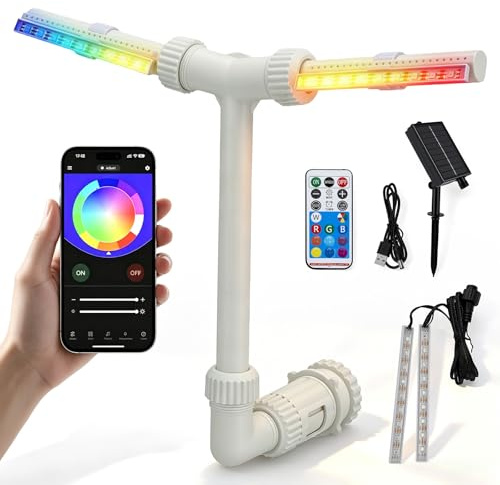 Doble pulverización ajustable para piscina cascada – Fuente solar para piscina con LED RGB, 17 modos de iluminación, mando a distancia y aplicación, 10 horas de duración de la batería, para piscinas