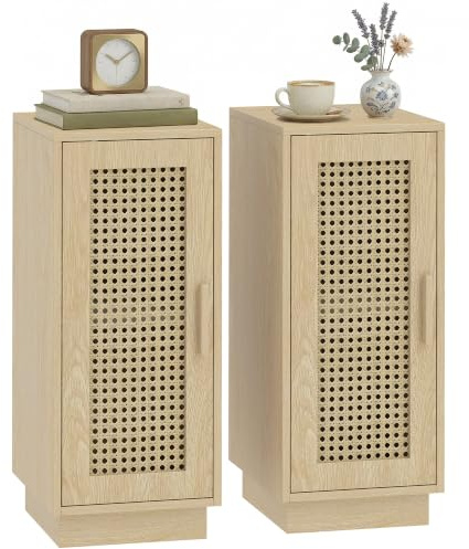 HOMCOM Conjunto de 2 Mesitas de Noche con Puerta de Ratán 25x30x60 cm | Mesillas de Noche, Estilo Boho, Estante Ajustable, para Espacios Pequeños, Salón, Dormitorio, Madera Natural