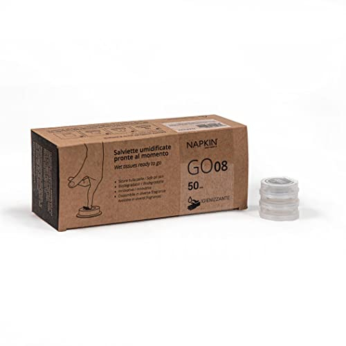 Paquete de 50 toallitas compactas higienizantes portátiles en capsula listas para usar, NAPKIN GO 08 con agente antibacteriano (Clorhezidina). Biodegradables, hipoalergénicas, para piel sensible.