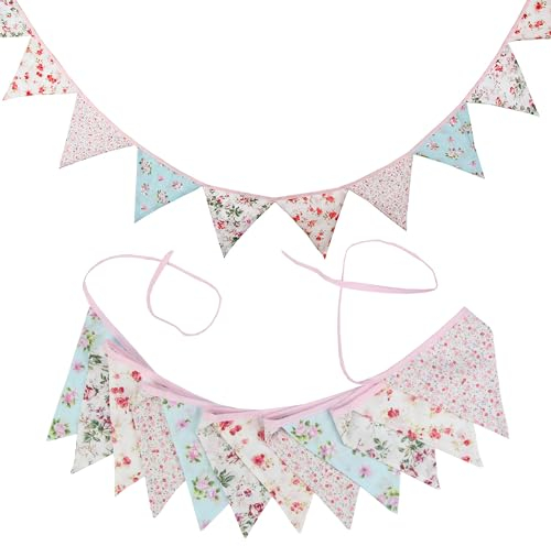 G2PLUS Floral Bunting banner, 10.8 Feet Vintage Cloth Shabby Chic Flag Garlands, 12PCS Double Sided Fabric Triangle Pennants for Vintage Themed Wedding Afternoon Tea Garden Party