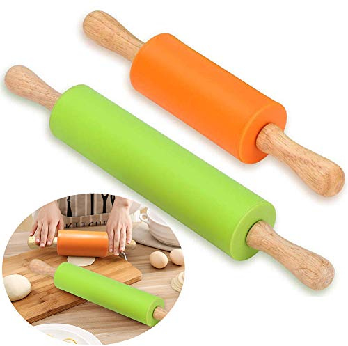 Mattarello in Silicone, BESLIME 2Pcs Mattarello in Silicone Antiaderente con Manici in Legno, Mattarello in Silicone per Bambini, per Cottura Pasta Sfoglia, Pizza, Pasticceria