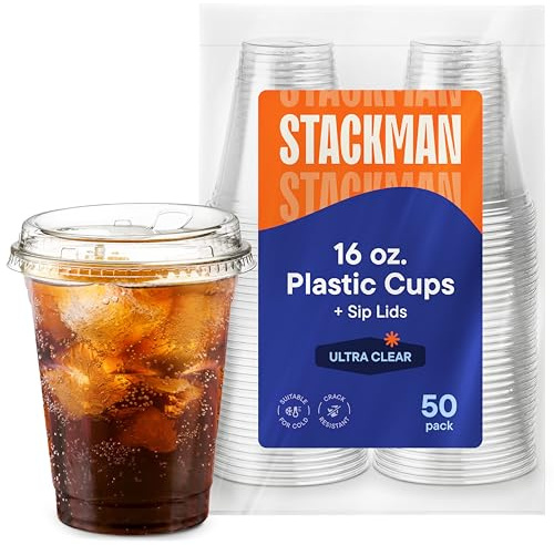 16 oz Clear Plastic Cups with Strawless Sip-Lids [50 Sets] PET Crystal Clear Disposable 16oz Plastic Cups with Lids - Crystal Clear, Durable Cup - BPA Free + Crack Resistant, for Coffee, Juice, Shakes