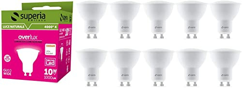 Superia Lampadina LED GU10 Wide 10W, (Equivalenti 90W), Luce Naturale 4000K RA80, Luminosa 1000 lumen, Faretto incasso, Schermo opale, Fascio luce Aperto WE10N, Pacco da 10