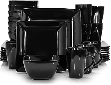 vancasso SOHO Servizio Piatti Moderno Da 32 Pezzi, Quadrate Piatti in Gres con 8 Piatti Piani, 8 Piatti Dessert, 8 Ciotole Cereali e 8 Tazza da caffè, Servizio per 8, Colore Nero
