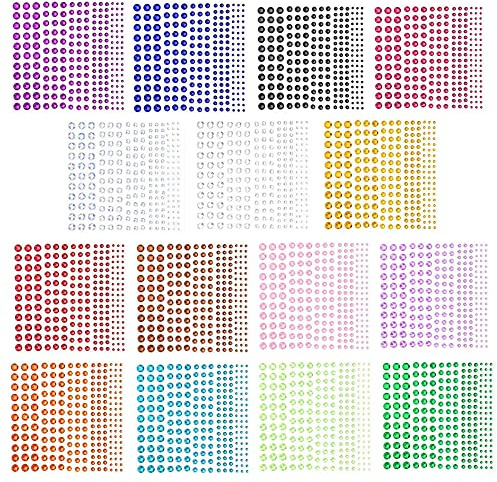 Kristall Strass Aufkleber, 3375 Stück selbstklebende Juwelen Aufkleber für Kinder DIY Bastelkarten, Hochzeitsdekorationen, Körper, Nagel, Scrapbooking Verschönerung 15 Farben 5 Größen