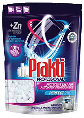 dr.Prakti Il sale in mini pastiglie per lavastoviglie, ammorbidisce l'acqua e previene efficacemente il calcare nella lavastoviglie e sulle stoviglie, doypack 1,5 kg