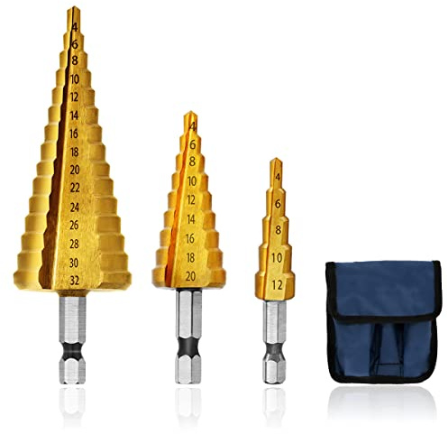 HSS Stufenbohrer 3pcs Kegelbohrer 4-12 mm/4-20mm/4-32mm Schritt Schälbohrer Schälbohrersatz Set für Holz, Kunststoffe
