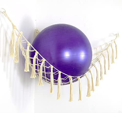 Yoga Ball Rack Corner Hanging Storage Net for Fitness, Balance, Stability & Swiss Balance Balls - Organizer for Yoga Studio & Gym (Cream, 1)