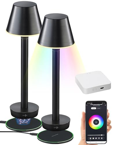 Lunartec Tischlampe LED modern: 2er-Set Smarte Outdoor-Tischlampe mit WLAN-Gateway, RGB-CCT-LEDs, App (Schreibtisch-Lampe, Beistelllampen)