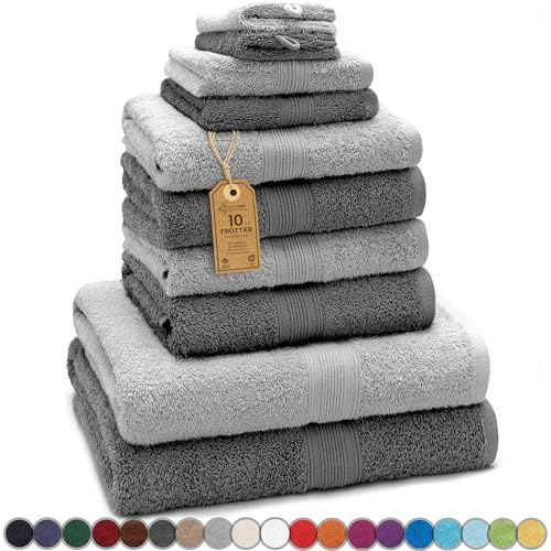 Green Mark Handtuch-Set mit 10 Teilen – 100% Baumwolle – 4 Handtücher 50×100 cm, 2 große Duschtücher 70×140 cm, 2 Gästetücher 30×50 cm und 2 Waschhandschuhe – Anthrazit/Silber