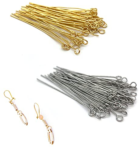 DHER Vergoldet Kopfstifte Kettelstifte DIY goldfarben Nietstifte 100 Stück T-förmige Nadel 0,6 mm Drahtdurchmesser Flachkopfnadel Silber/Gold Perlenfaden Titanstahl Schmucknadel (40mm)