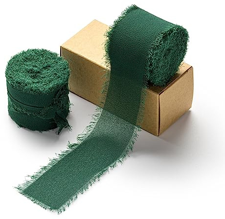 AOKSUNOVA Chiffonband 3,8cm Schleifenband Geschenkband Dunkelgrün | 2 Rollen Breites Band mit Fransenstruktur als Stoffband für Hochzeit, Einladungen, Sträuße und Kreative Dekorationen