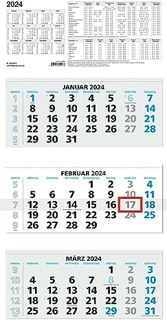 3-Monatskalender 2024 - 33,5x71 blau - mit Kopftafel - Datumsschieber - 5 sprachig - 3 Blöcke - 953-0015